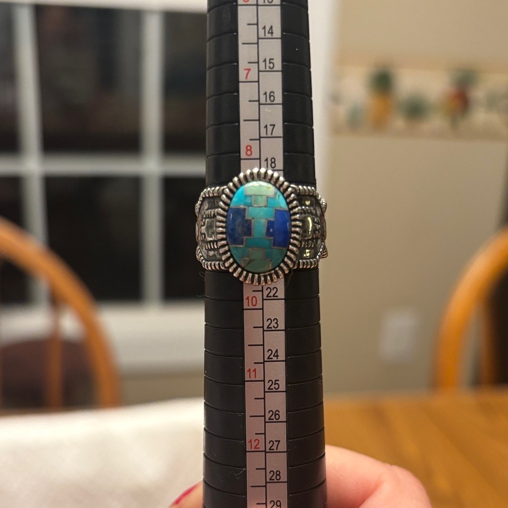 Carolyn Pollack Sterling Silver Ring Geometric Turquoise Blue Inlay Design Sz 9